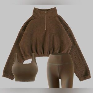 Womens Workout Set with Crop Top, Leggings and Fleece Pullover Brown Size L